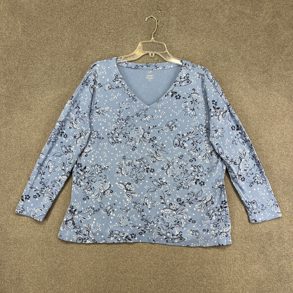 J. Jill Simply Supima V-Neck Tunic Womens M Petite Blue Floral Paisley Knit Top